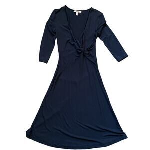 Free People V Neck Knot Twist Waist Midi Dress Sz S Black Soft Jersey